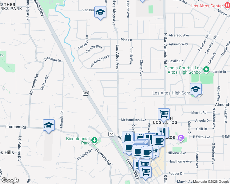 map of restaurants, bars, coffee shops, grocery stores, and more near in Los Altos