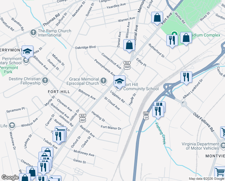 map of restaurants, bars, coffee shops, grocery stores, and more near 4104 Fort Avenue in Lynchburg