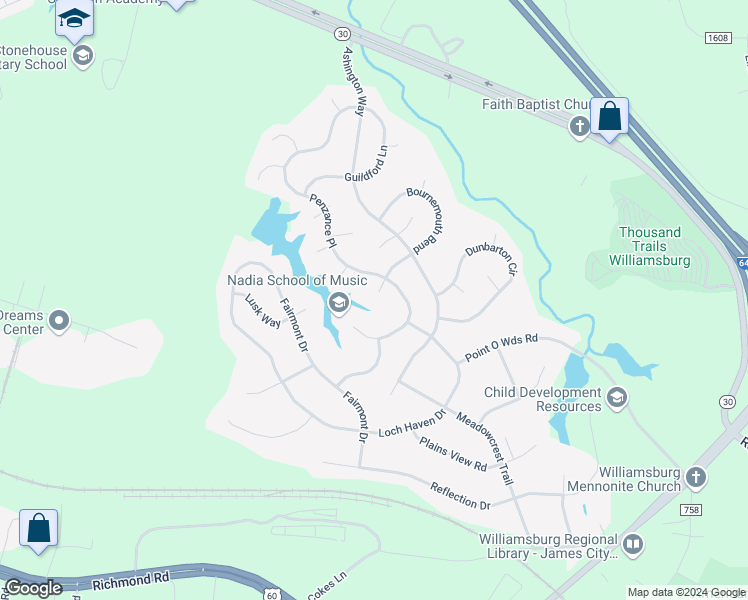 map of restaurants, bars, coffee shops, grocery stores, and more near 3986 Bournemouth Bend in Williamsburg