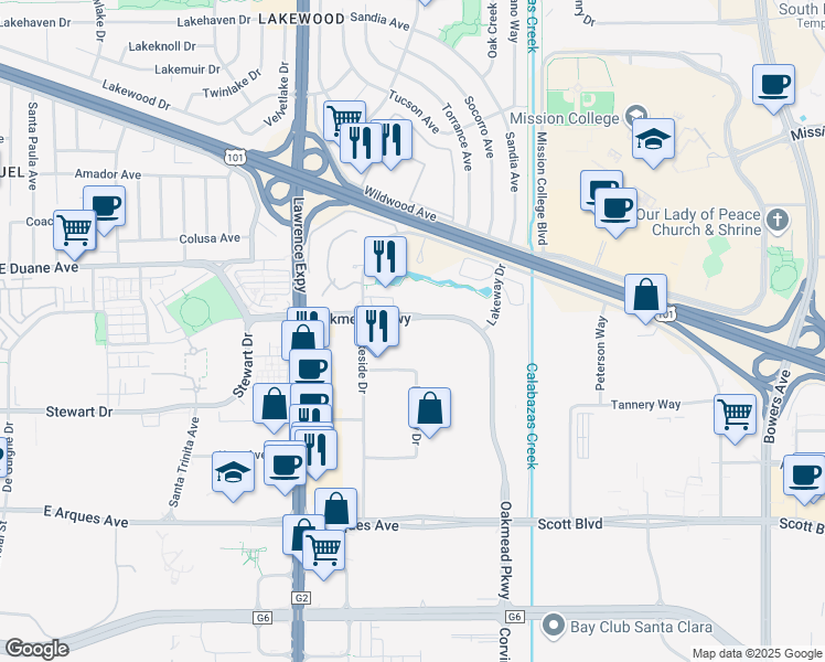 map of restaurants, bars, coffee shops, grocery stores, and more near 1250 Oakmead Parkway in Sunnyvale