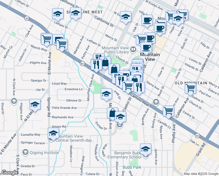 map of restaurants, bars, coffee shops, grocery stores, and more near 877 Park Drive in Mountain View