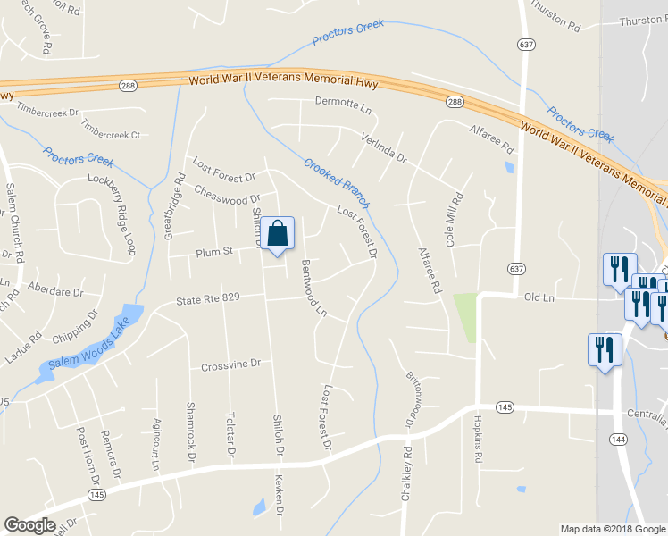 map of restaurants, bars, coffee shops, grocery stores, and more near 5012 Windwood Lane in Richmond