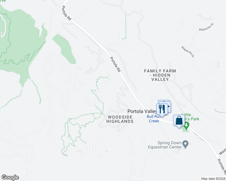 map of restaurants, bars, coffee shops, grocery stores, and more near 42 Santa Maria Avenue in Portola Valley