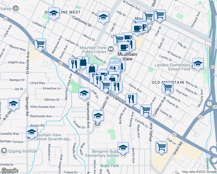 map of restaurants, bars, coffee shops, grocery stores, and more near in Mountain View