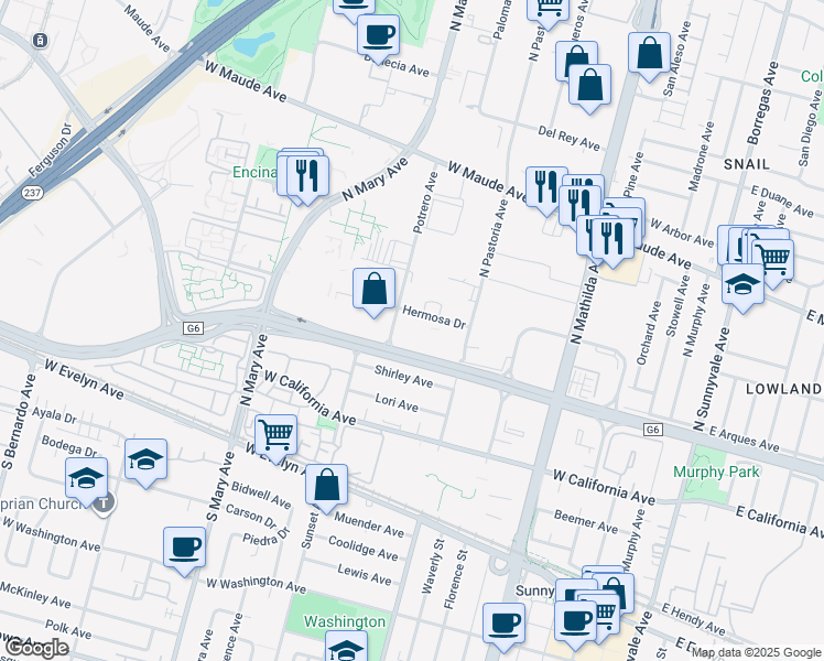 map of restaurants, bars, coffee shops, grocery stores, and more near Central Expy in Sunnyvale