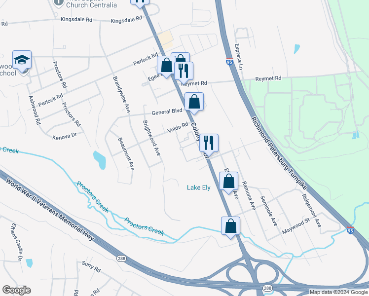 map of restaurants, bars, coffee shops, grocery stores, and more near 2701 Colony Village Terrace in Bellwood
