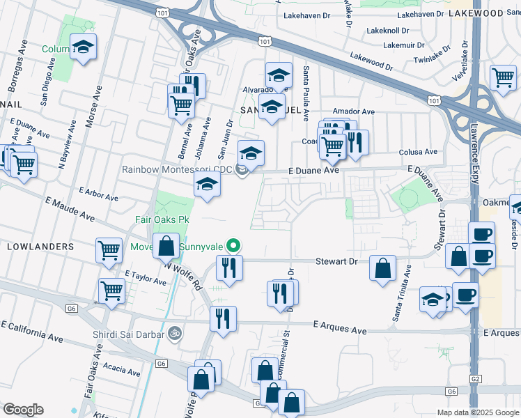 map of restaurants, bars, coffee shops, grocery stores, and more near 818 Gridley Terrace in Sunnyvale
