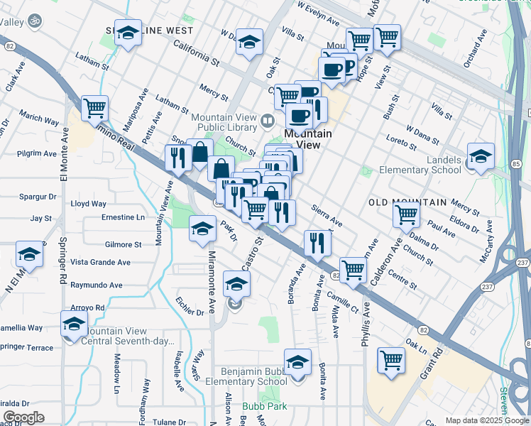 map of restaurants, bars, coffee shops, grocery stores, and more near in Mountain View