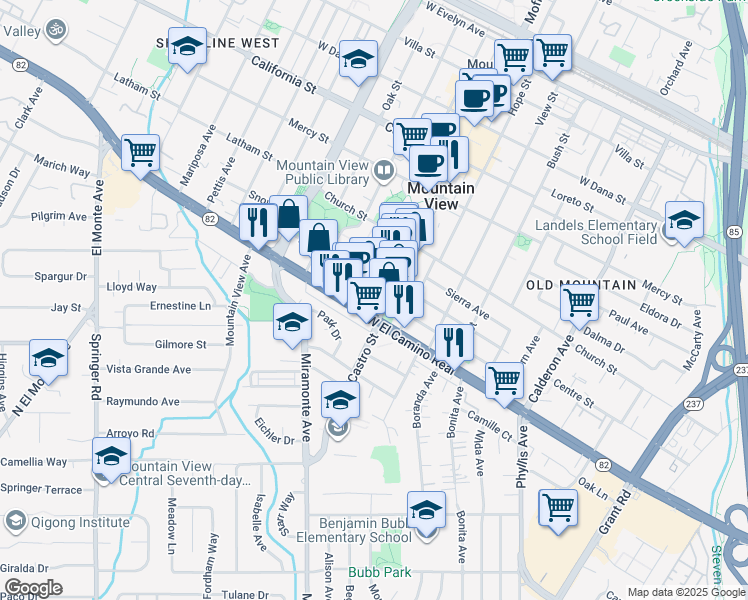 map of restaurants, bars, coffee shops, grocery stores, and more near in Mountain View