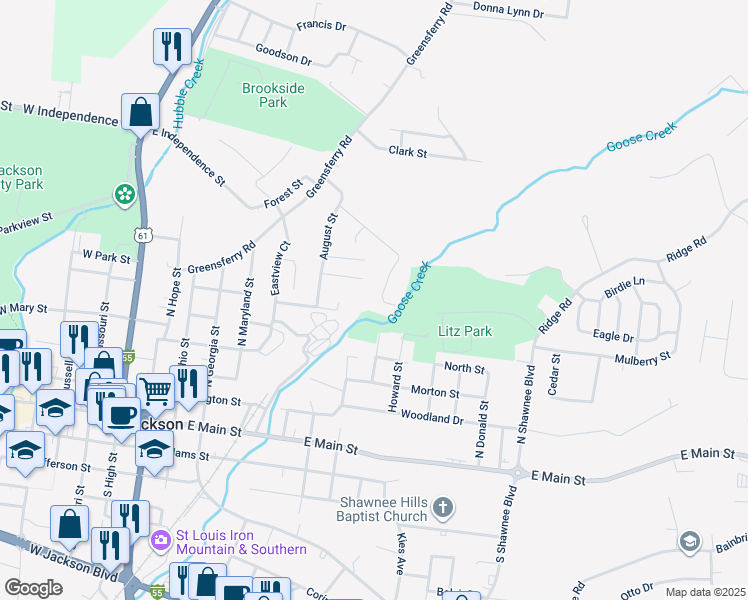 map of restaurants, bars, coffee shops, grocery stores, and more near 601 Odus Drive in Jackson