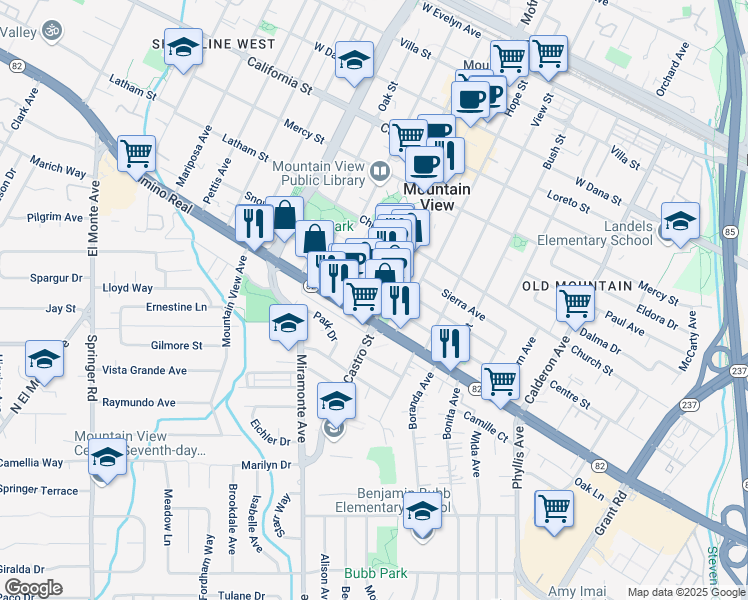 map of restaurants, bars, coffee shops, grocery stores, and more near in Mountain View