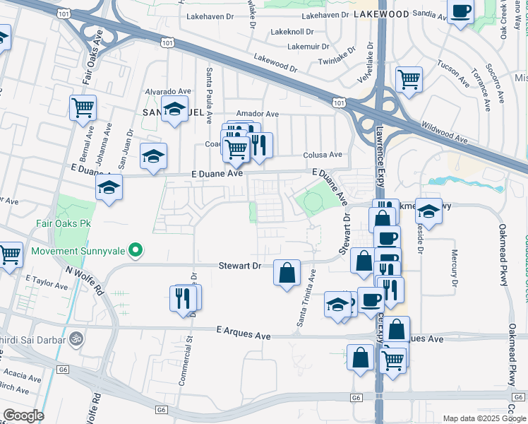 map of restaurants, bars, coffee shops, grocery stores, and more near 930 Highland Terrace in Sunnyvale
