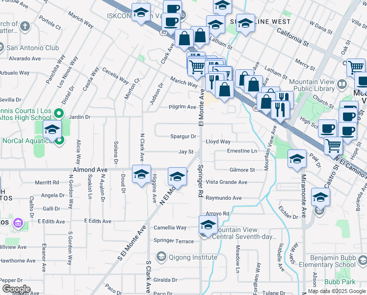 map of restaurants, bars, coffee shops, grocery stores, and more near 667 Jay Street in Los Altos