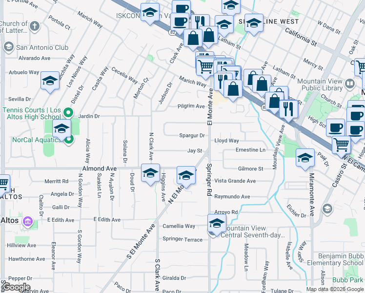 map of restaurants, bars, coffee shops, grocery stores, and more near 643 Jay Street in Los Altos