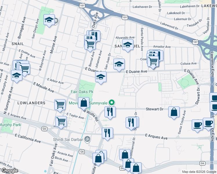 map of restaurants, bars, coffee shops, grocery stores, and more near 562 North Britton Avenue in Sunnyvale