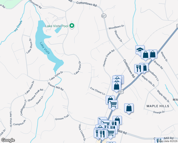 map of restaurants, bars, coffee shops, grocery stores, and more near 1237 Sleepy Oak Lane in Forest
