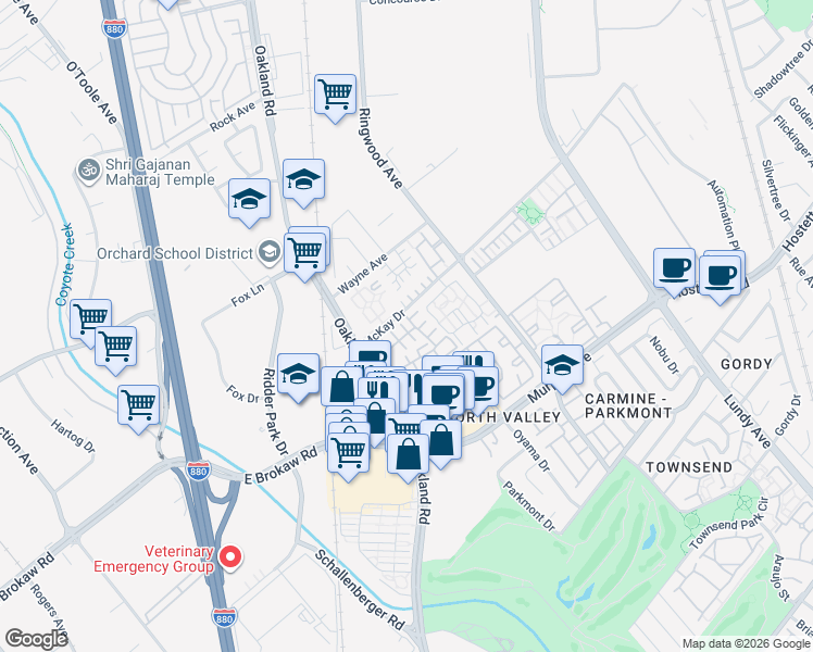 map of restaurants, bars, coffee shops, grocery stores, and more near 1858 Elk Grove Landing in San Jose
