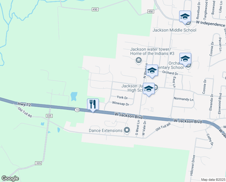 map of restaurants, bars, coffee shops, grocery stores, and more near 288 Pioneer Orchard Road in Jackson