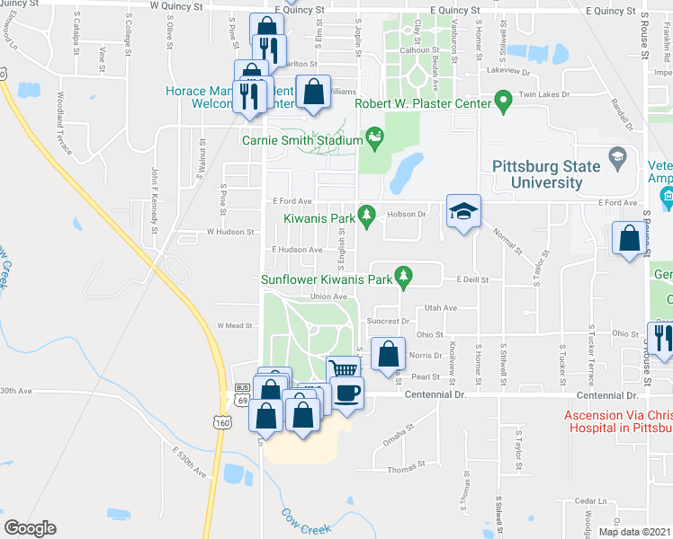 map of restaurants, bars, coffee shops, grocery stores, and more near 2012 South English Street in Pittsburg