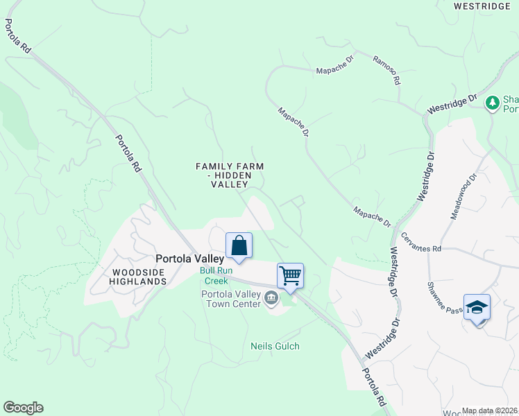 map of restaurants, bars, coffee shops, grocery stores, and more near 140 Farm Road in Woodside