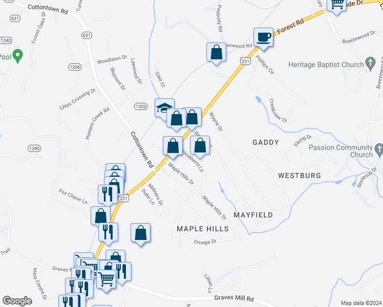 map of restaurants, bars, coffee shops, grocery stores, and more near 103 Woodberry Lane in Lynchburg