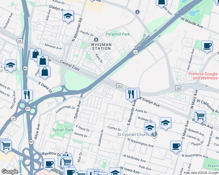 map of restaurants, bars, coffee shops, grocery stores, and more near 451 Chagall Street in Mountain View