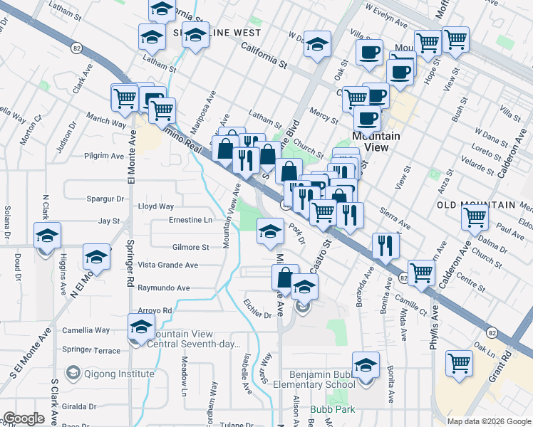 map of restaurants, bars, coffee shops, grocery stores, and more near 939 Miramonte Avenue in Mountain View