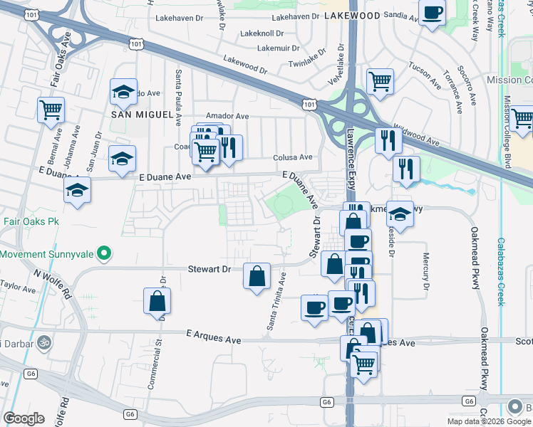map of restaurants, bars, coffee shops, grocery stores, and more near 552 Santa Rosalia Terrace in Sunnyvale