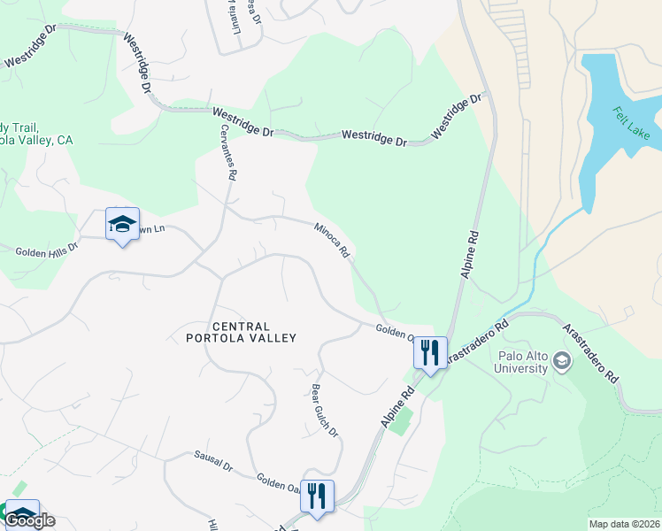 map of restaurants, bars, coffee shops, grocery stores, and more near 375 Golden Oak Drive in Portola Valley