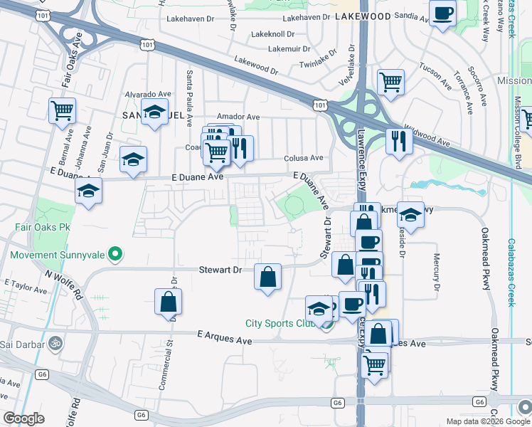 map of restaurants, bars, coffee shops, grocery stores, and more near 570 Santa Rosalia Terrace in Sunnyvale