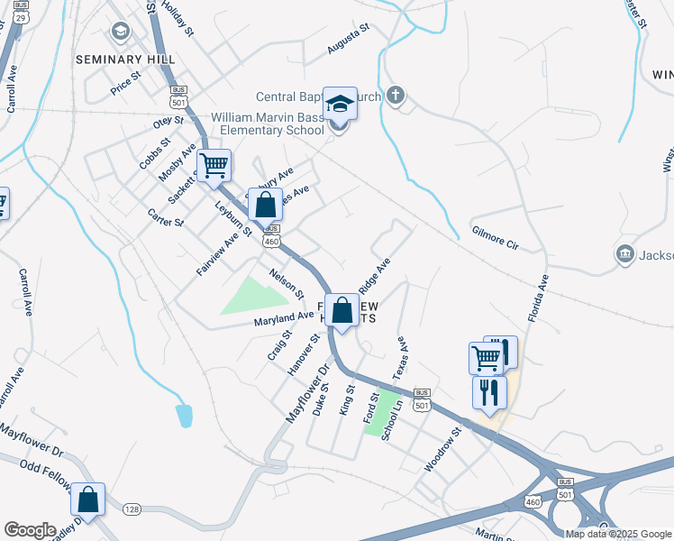 map of restaurants, bars, coffee shops, grocery stores, and more near 3271 Powhatan Street in Lynchburg