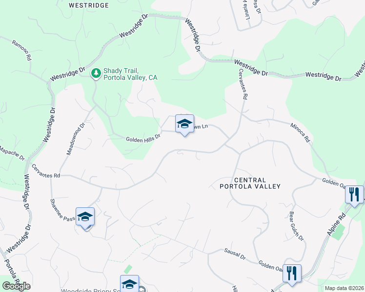 map of restaurants, bars, coffee shops, grocery stores, and more near 300 Cervantes Road in Portola Valley