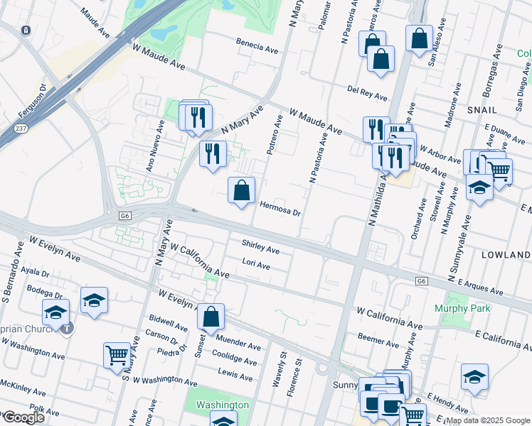 map of restaurants, bars, coffee shops, grocery stores, and more near 330 Potrero Avenue in Sunnyvale
