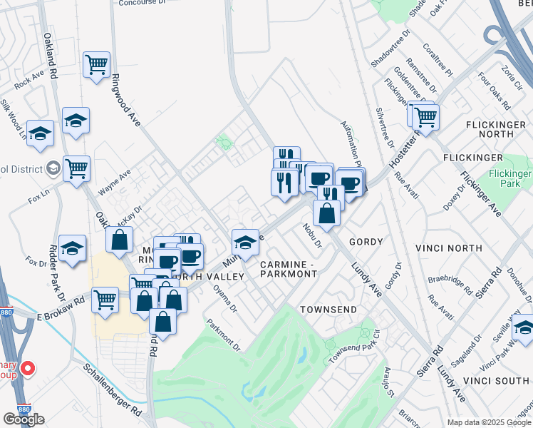 map of restaurants, bars, coffee shops, grocery stores, and more near 375 Woodmeadow Lane in San Jose