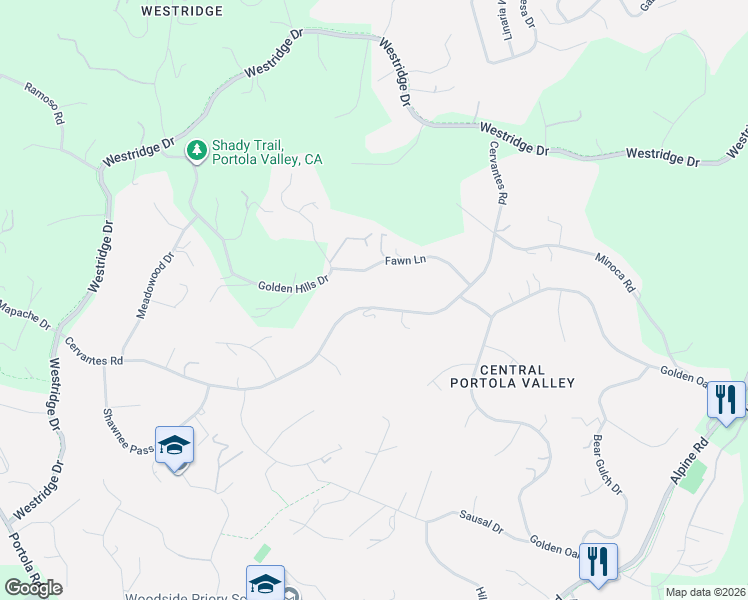 map of restaurants, bars, coffee shops, grocery stores, and more near 300 Cervantes Road in Portola Valley