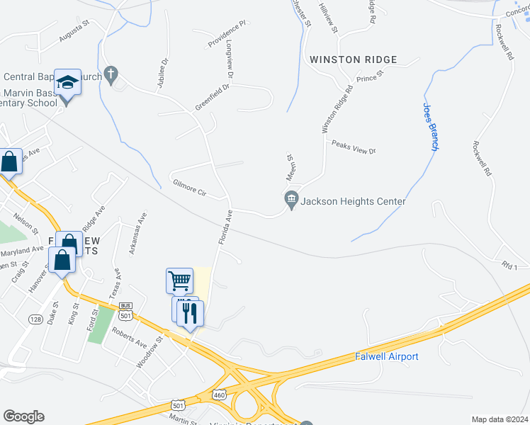 map of restaurants, bars, coffee shops, grocery stores, and more near 735 Winston Ridge Road in Lynchburg