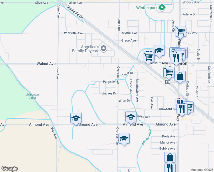 map of restaurants, bars, coffee shops, grocery stores, and more near 7588 Rachel Court in Winton