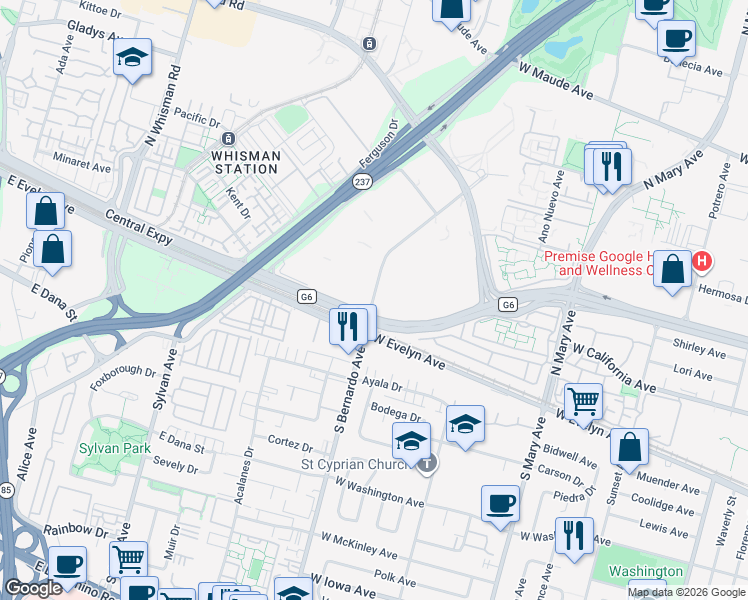 map of restaurants, bars, coffee shops, grocery stores, and more near 189 North Bernardo Avenue in Mountain View