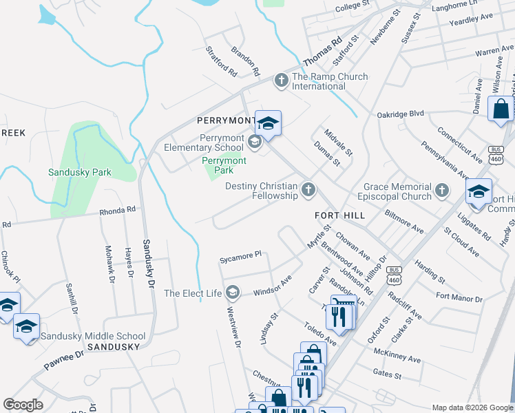 map of restaurants, bars, coffee shops, grocery stores, and more near 4614 Fairmont Avenue in Lynchburg