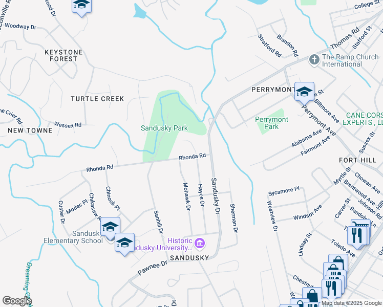 map of restaurants, bars, coffee shops, grocery stores, and more near 605 Hayes Drive in Lynchburg