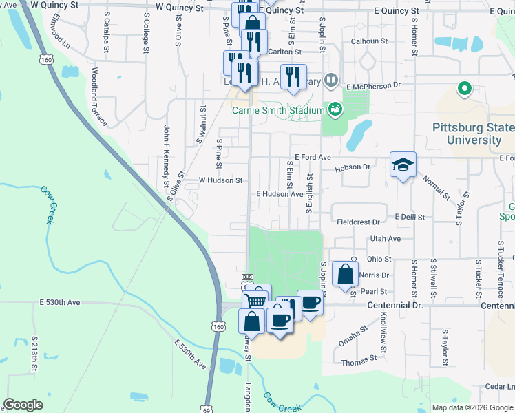 map of restaurants, bars, coffee shops, grocery stores, and more near 2015 South Locust Street in Pittsburg