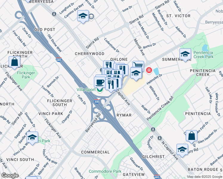 map of restaurants, bars, coffee shops, grocery stores, and more near 2481 Berryessa Road in San Jose