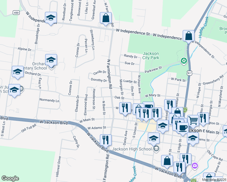 map of restaurants, bars, coffee shops, grocery stores, and more near 214 North Farmington Road in Jackson