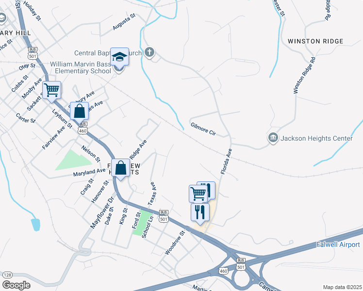 map of restaurants, bars, coffee shops, grocery stores, and more near 3000 Missouri Avenue in Lynchburg