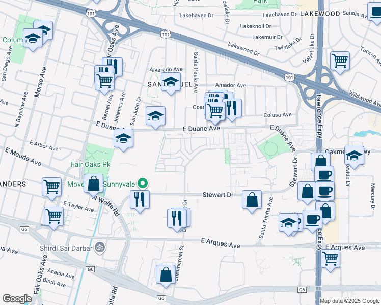 map of restaurants, bars, coffee shops, grocery stores, and more near 542 Santa Maria Terrace in Sunnyvale