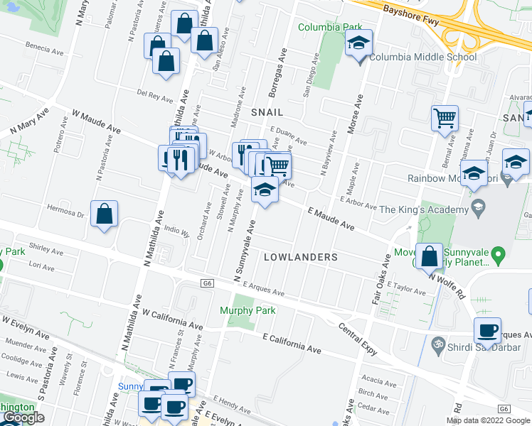 map of restaurants, bars, coffee shops, grocery stores, and more near 450 North Sunnyvale Avenue in Sunnyvale