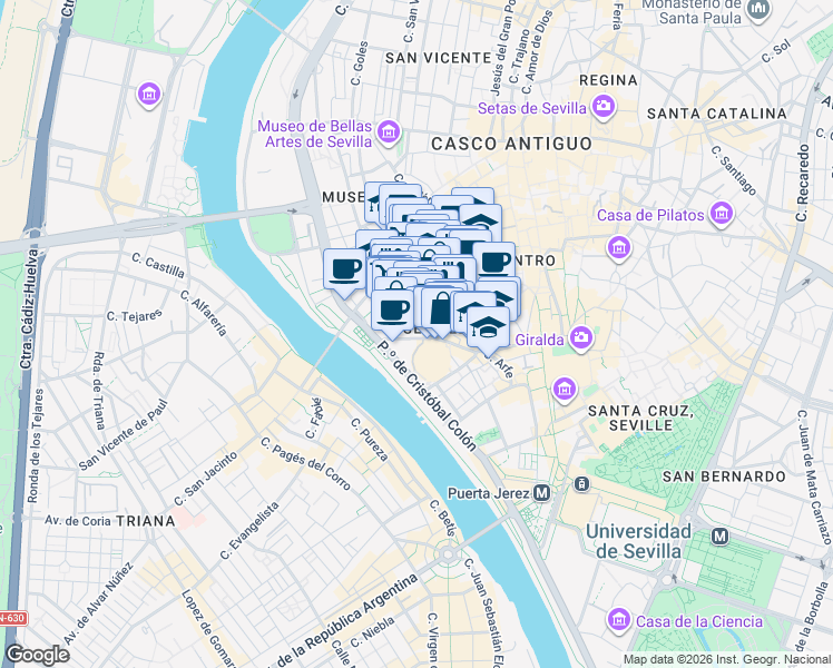 map of restaurants, bars, coffee shops, grocery stores, and more near 24 Calle Adriano in Sevilla