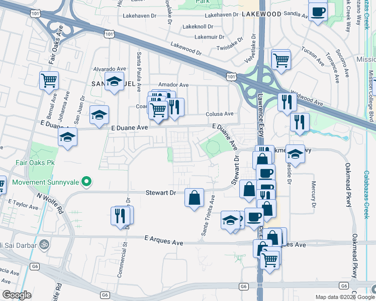 map of restaurants, bars, coffee shops, grocery stores, and more near 577 San Rivera Terrace in Sunnyvale
