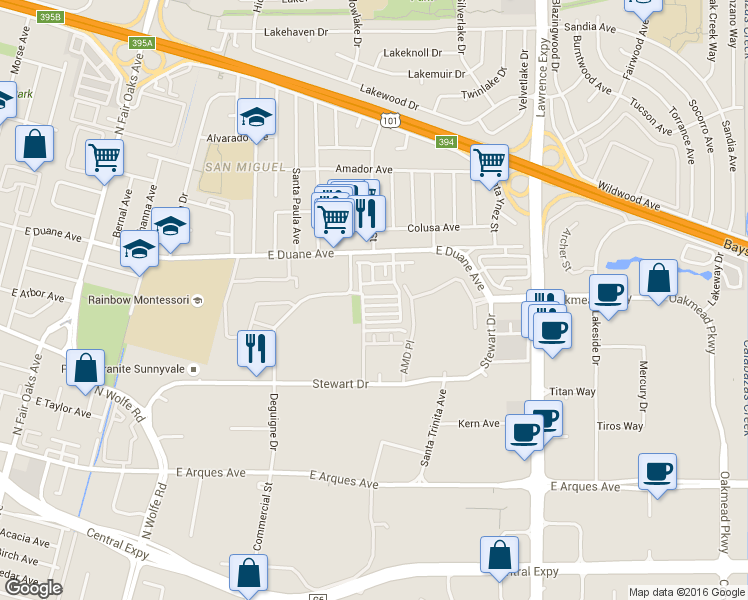 map of restaurants, bars, coffee shops, grocery stores, and more near 577 San Rivera Terrace in Sunnyvale