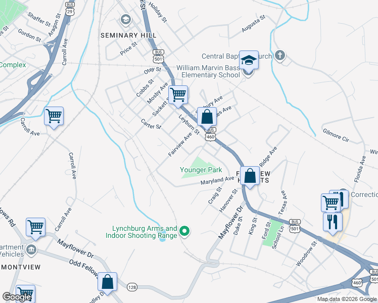 map of restaurants, bars, coffee shops, grocery stores, and more near 2308 Fairview Ave in Lynchburg